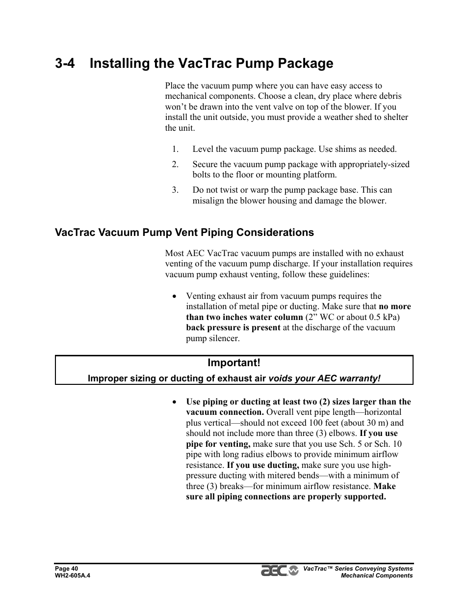 4 installing the vactrac pump package | AEC VacTrac Series Conveying Systems User Manual | Page 40 / 120