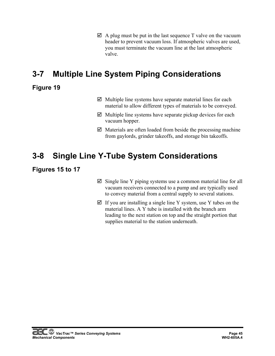 7 multiple line system piping considerations, 8 single line y-tube system considerations | AEC VacTrac Series Conveying Systems User Manual | Page 45 / 120