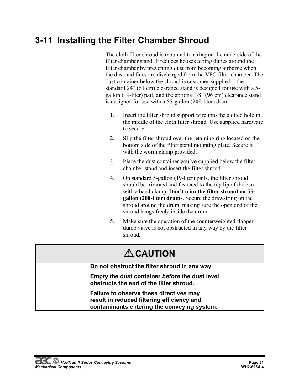 11 installing the filter chamber shroud, Caution | AEC VacTrac Series Conveying Systems User Manual | Page 51 / 120