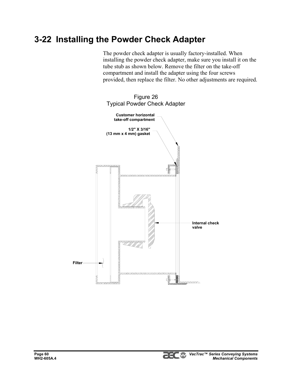 22 installing the powder check adapter | AEC VacTrac Series Conveying Systems User Manual | Page 60 / 120