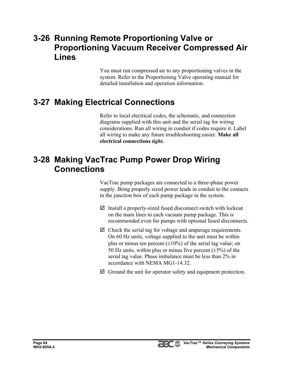 27 making electrical connections | AEC VacTrac Series Conveying Systems User Manual | Page 64 / 120