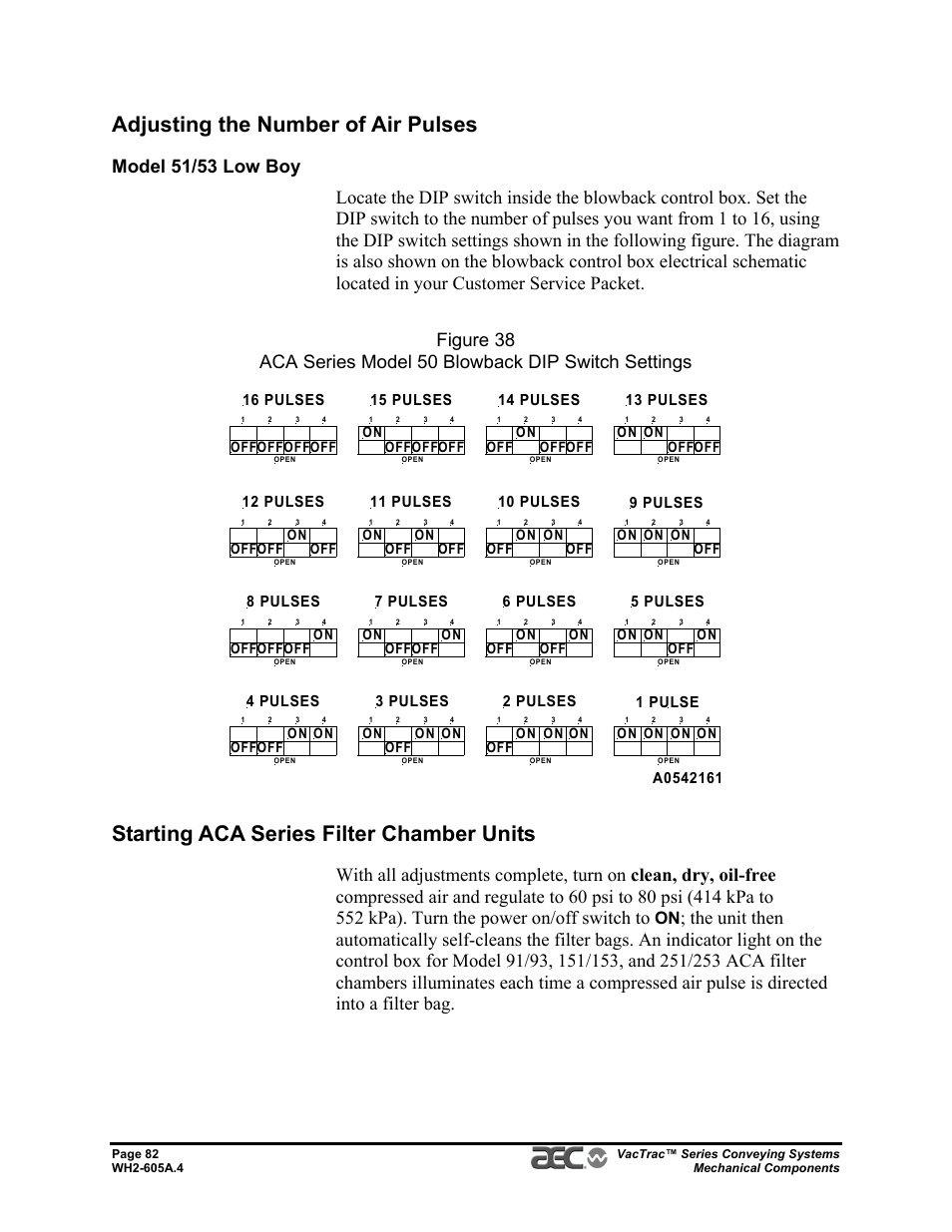 Adjusting the number of air pulses, Starting aca series filter chamber units, 5 pulses 6 pulses 7 pulses 8 pulses | 4 pulses 3 pulses 2 pulses 1 pulse | AEC VacTrac Series Conveying Systems User Manual | Page 82 / 120