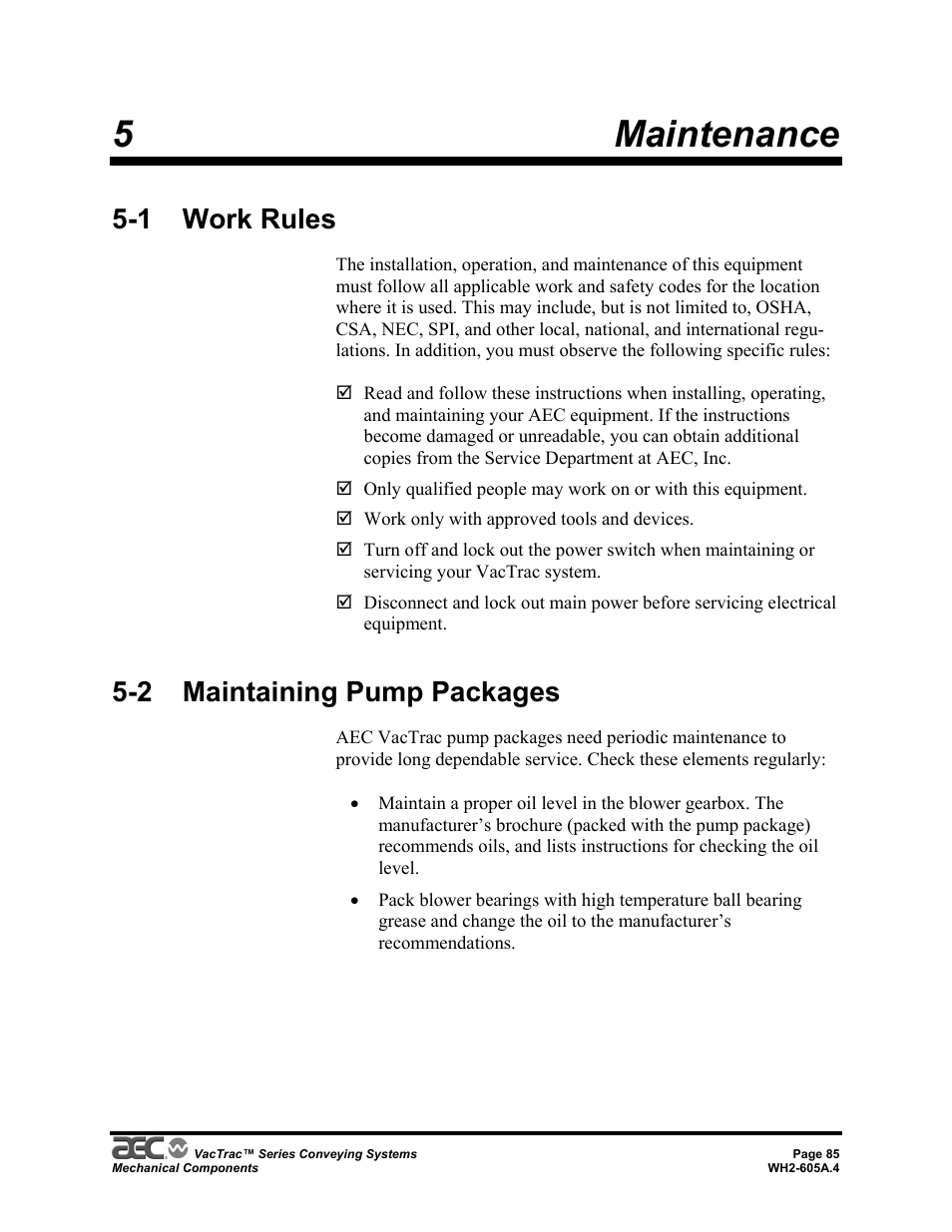 5maintenance, 1 work rules, 2 maintaining pump packages | AEC VacTrac Series Conveying Systems User Manual | Page 85 / 120