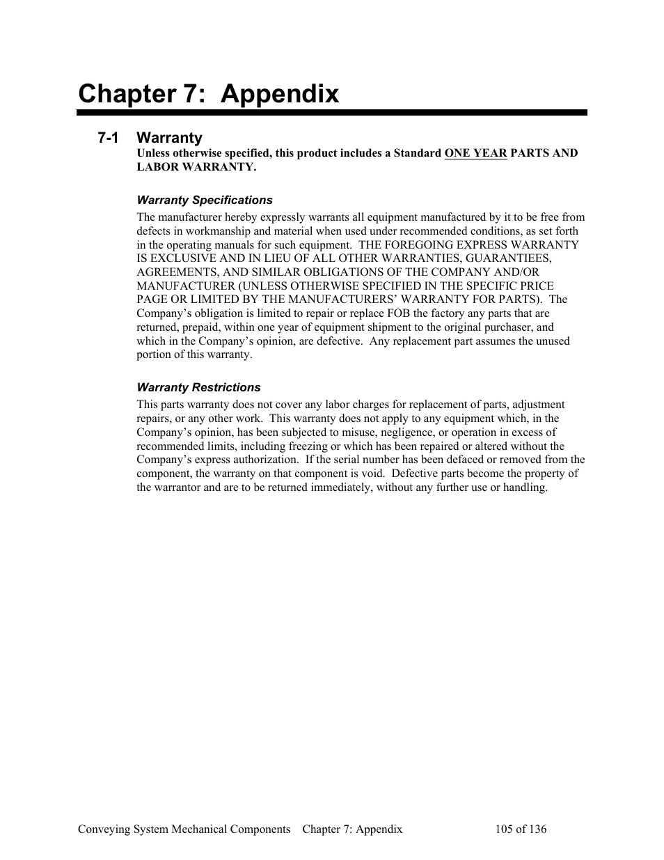 Appendix, Warranty, Warranty specifications | Warranty restrictions, Chapter 7, Chapter 7: appendix | AEC VacTrac Series Conveying Systems User Manual | Page 106 / 137