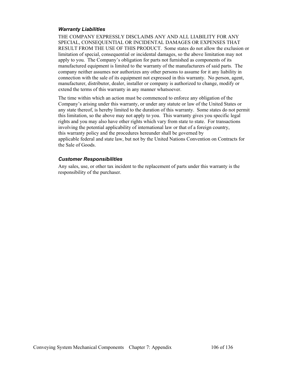 Warranty liabilities, Customer responsibilities | AEC VacTrac Series Conveying Systems User Manual | Page 107 / 137