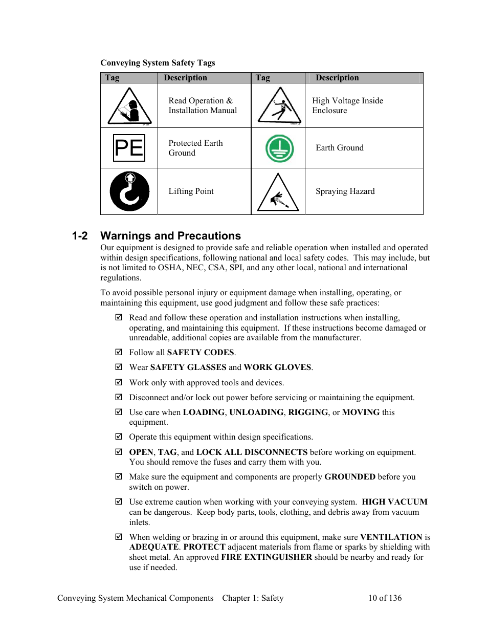 Conveying system safety tags, Warnings and precautions | AEC VacTrac Series Conveying Systems User Manual | Page 11 / 137