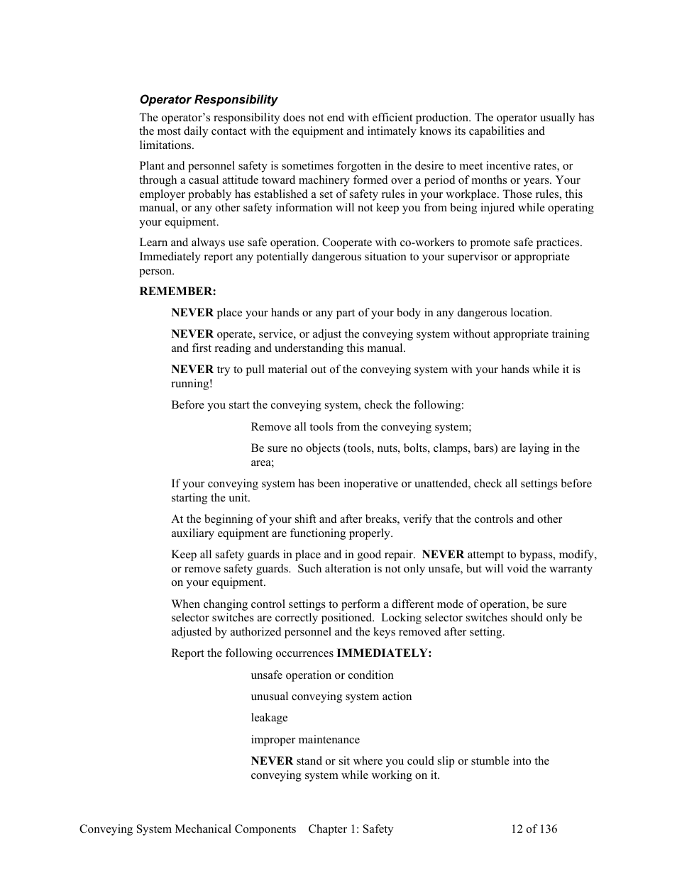 Operator responsibility, Remember | AEC VacTrac Series Conveying Systems User Manual | Page 13 / 137