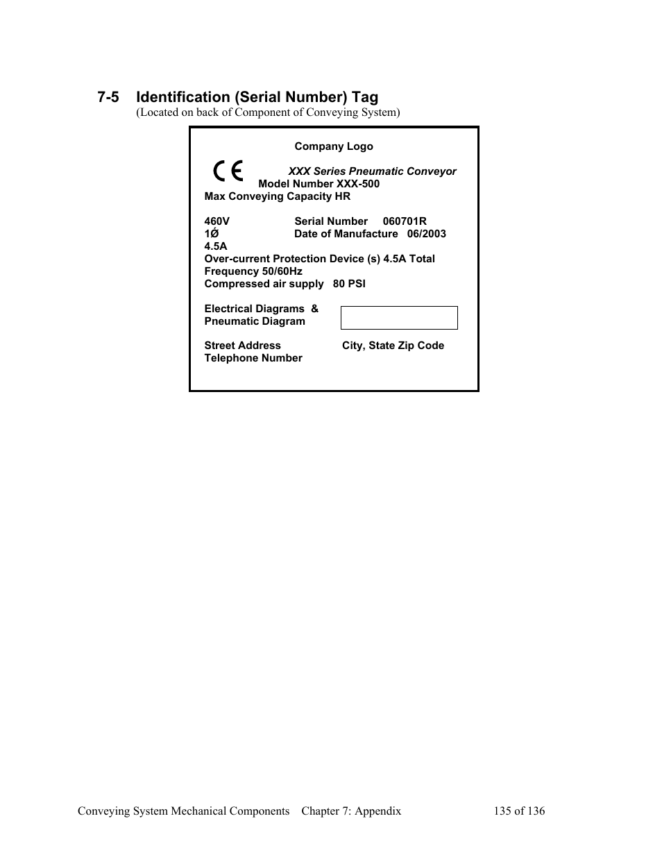 Identification (serial number) tag, 5 identification (serial number) tag | AEC VacTrac Series Conveying Systems User Manual | Page 136 / 137