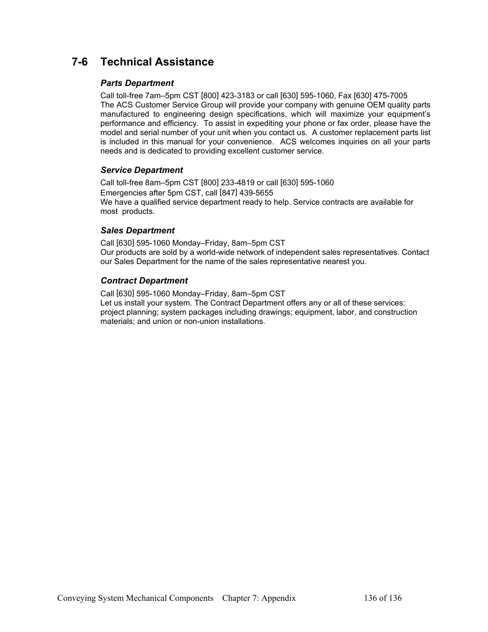 Technical assistance, Parts department, Service department | Sales department, Contract department, 6 technical assistance | AEC VacTrac Series Conveying Systems User Manual | Page 137 / 137