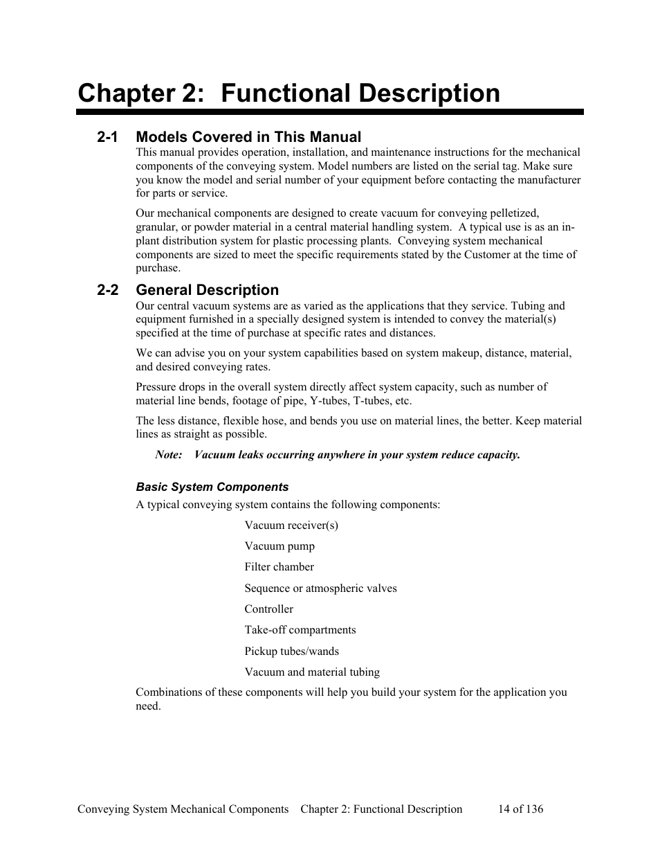 Functional description, Models covered in this manual, General description | Basic system components, Chapter 2, Chapter 2: functional description | AEC VacTrac Series Conveying Systems User Manual | Page 15 / 137