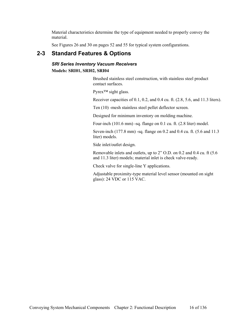 Standard features & options, Sri series inventory vacuum receivers, Models: sri01, sri02, sri04 | 3 standard features & options | AEC VacTrac Series Conveying Systems User Manual | Page 17 / 137