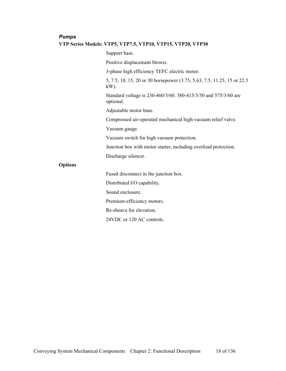 Pumps, Options | AEC VacTrac Series Conveying Systems User Manual | Page 19 / 137