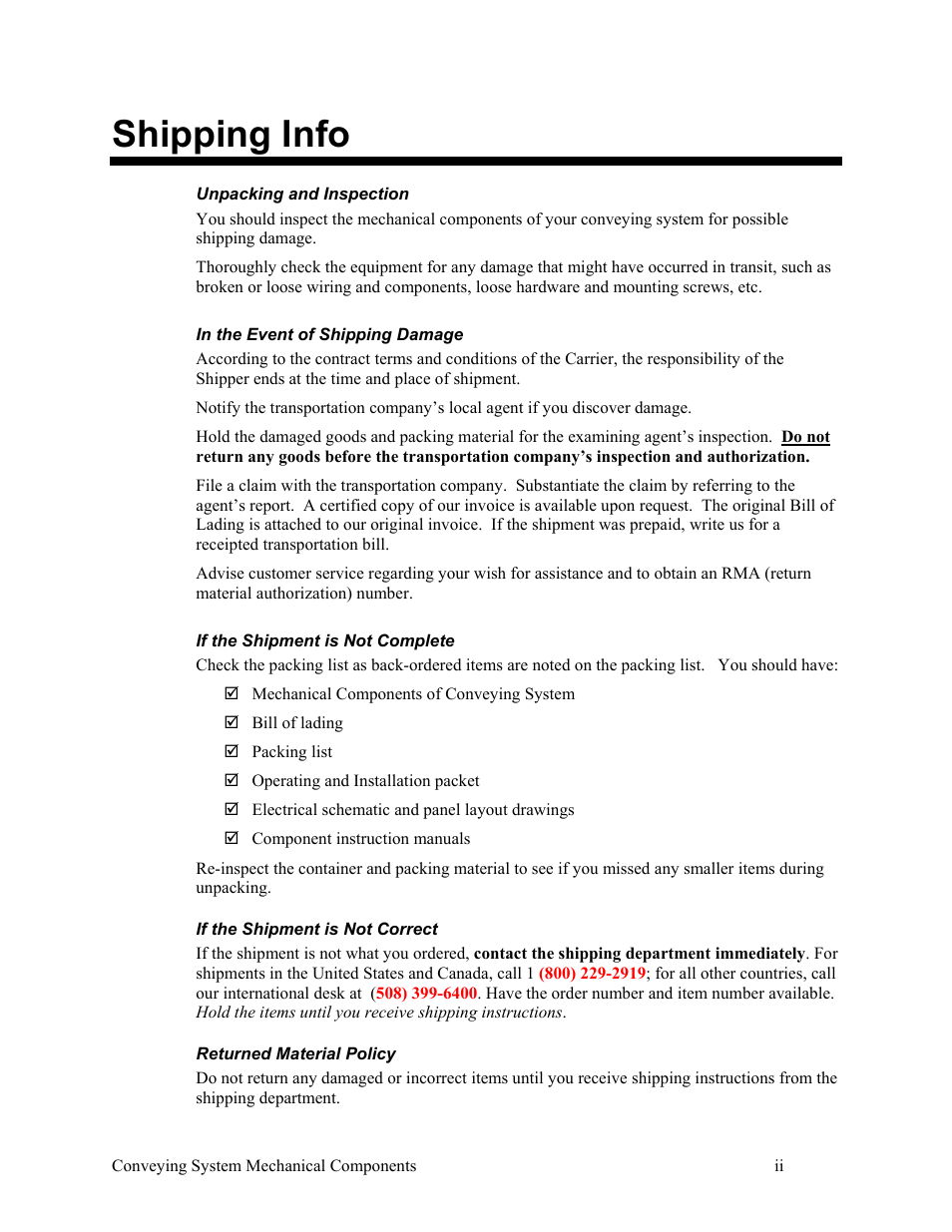 Shipping info | AEC VacTrac Series Conveying Systems User Manual | Page 3 / 137