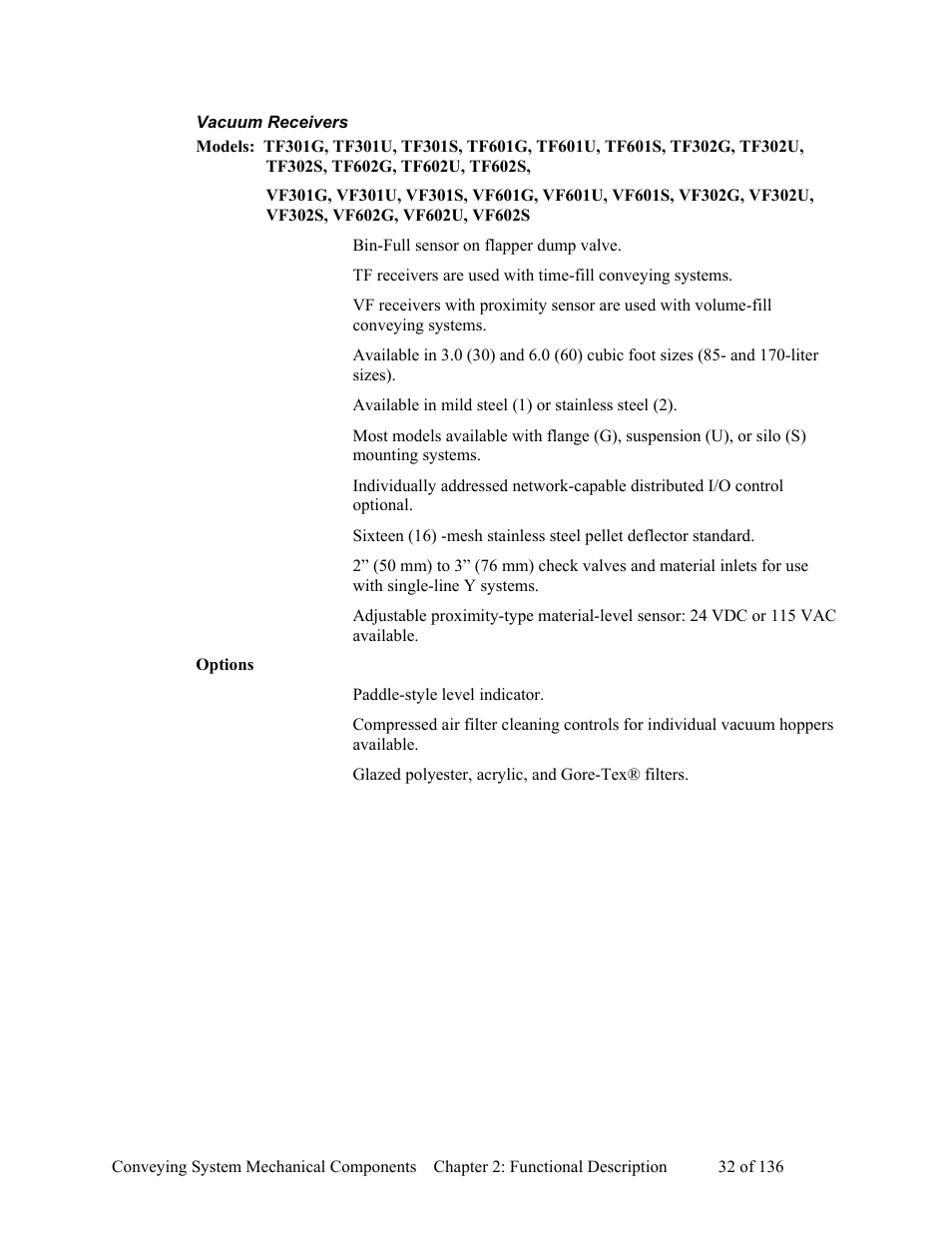 Vacuum receivers, Options | AEC VacTrac Series Conveying Systems User Manual | Page 33 / 137