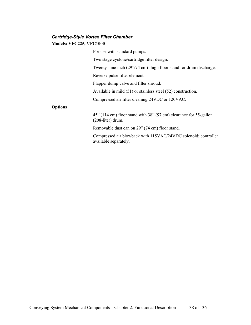 Cartridge-style vortex filter chamber, Models: vfc225, vfc1000, Options | AEC VacTrac Series Conveying Systems User Manual | Page 39 / 137