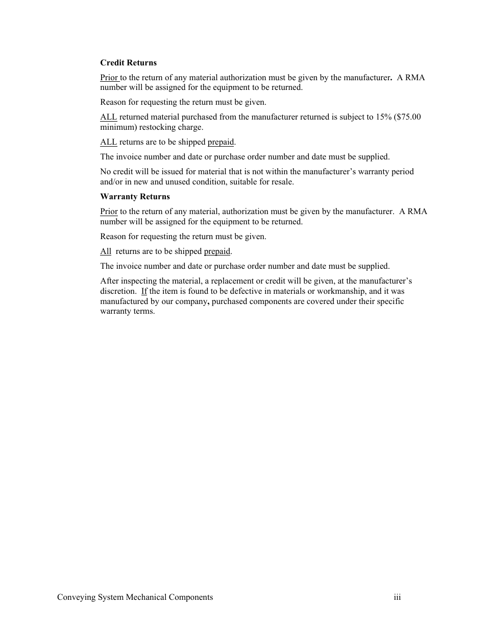 Credit returns, Warranty returns | AEC VacTrac Series Conveying Systems User Manual | Page 4 / 137
