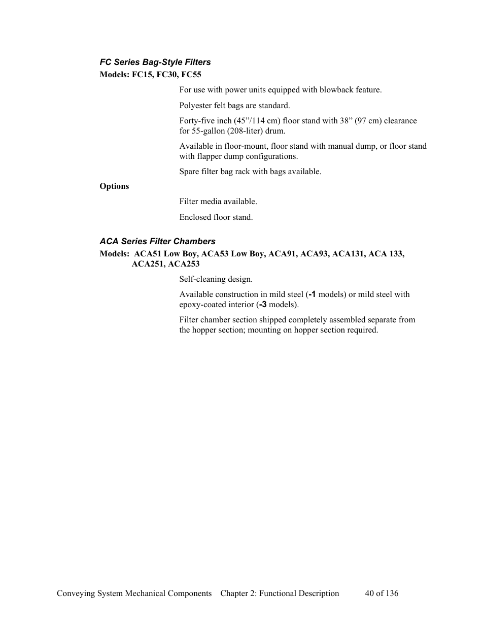 Fc series bag-style filters, Models: fc15, fc30, fc55, Options | Aca series filter chambers | AEC VacTrac Series Conveying Systems User Manual | Page 41 / 137