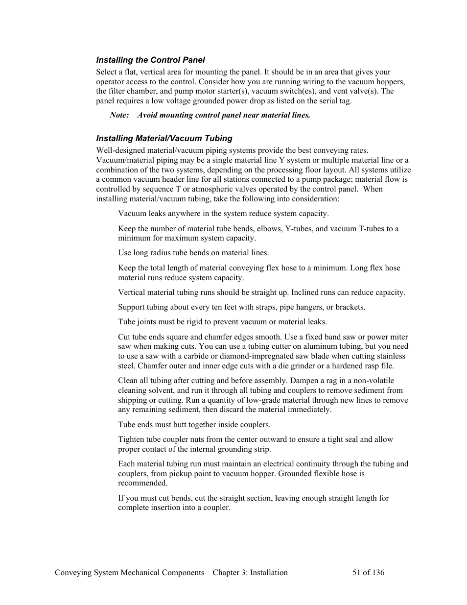 Installing the control panel, Installing material/vacuum tubing | AEC VacTrac Series Conveying Systems User Manual | Page 52 / 137