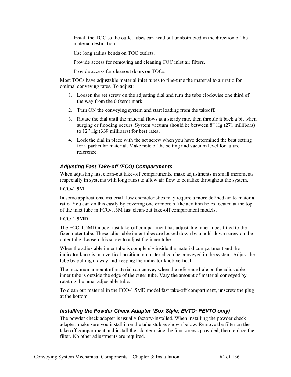 Adjusting fast take-off (fco) compartments, Fco-1.5m, Fco-1.5md | AEC VacTrac Series Conveying Systems User Manual | Page 65 / 137