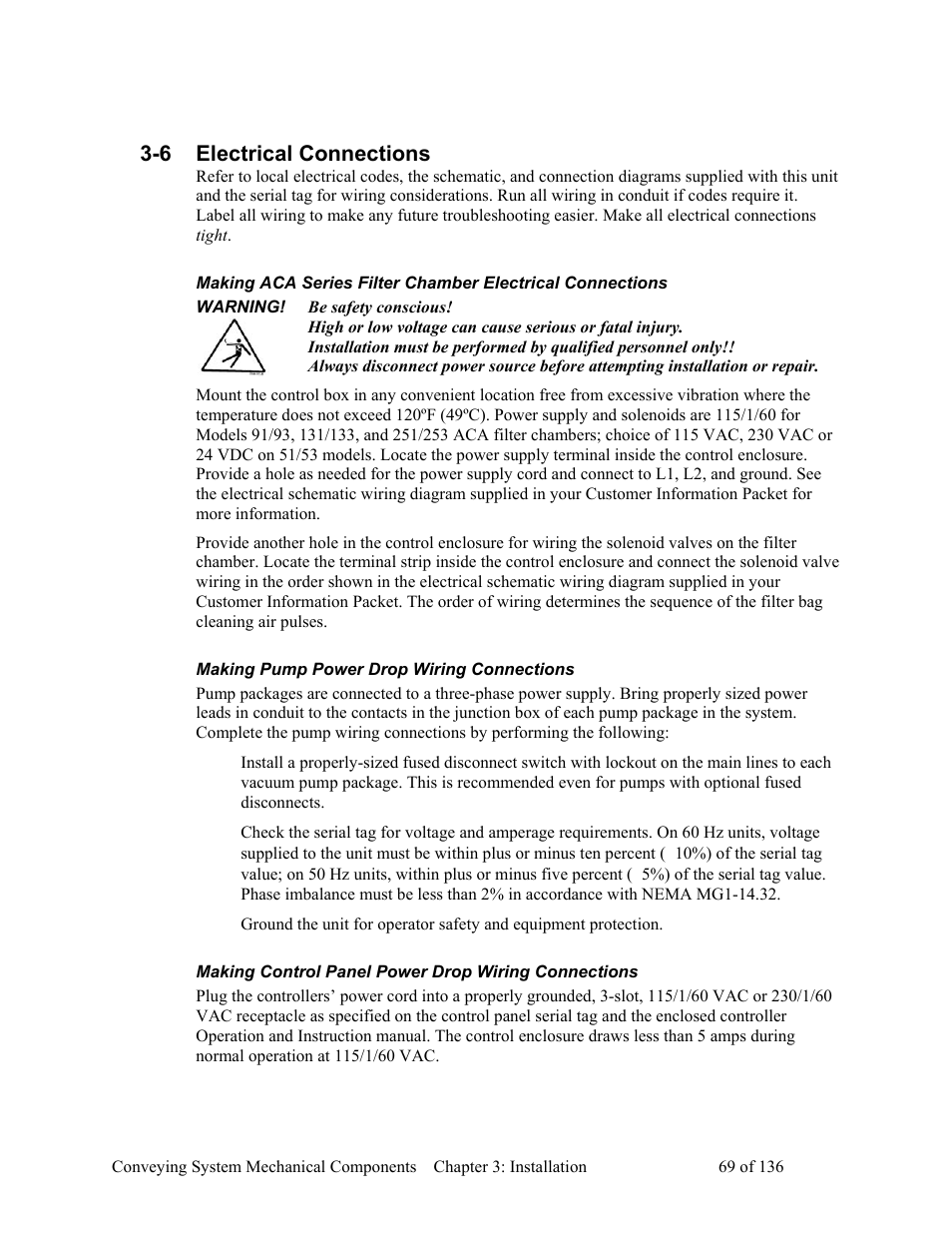 Electrical connections, Making pump power drop wiring connections, Making control panel power drop wiring connections | 6 electrical connections | AEC VacTrac Series Conveying Systems User Manual | Page 70 / 137