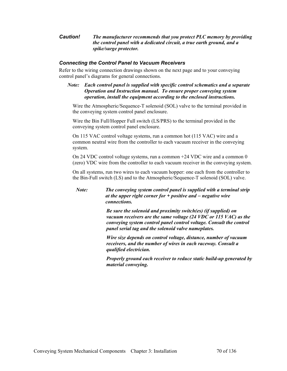 Connecting the control panel to vacuum receivers | AEC VacTrac Series Conveying Systems User Manual | Page 71 / 137