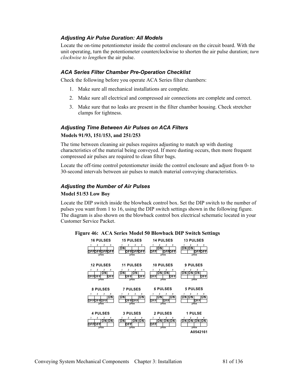 Adjusting air pulse duration: all models, Aca series filter chamber pre-operation checklist, Adjusting time between air pulses on aca filters | Models 91/93, 151/153, and 251/253, Adjusting the number of air pulses, Model 51/53 low boy | AEC VacTrac Series Conveying Systems User Manual | Page 82 / 137