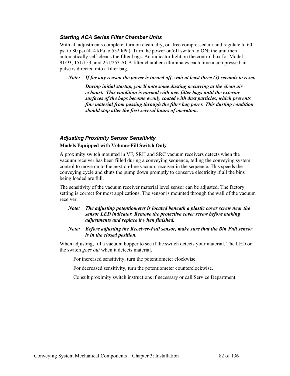 Starting aca series filter chamber units, Adjusting proximity sensor sensitivity, Models equipped with volume-fill switch only | AEC VacTrac Series Conveying Systems User Manual | Page 83 / 137