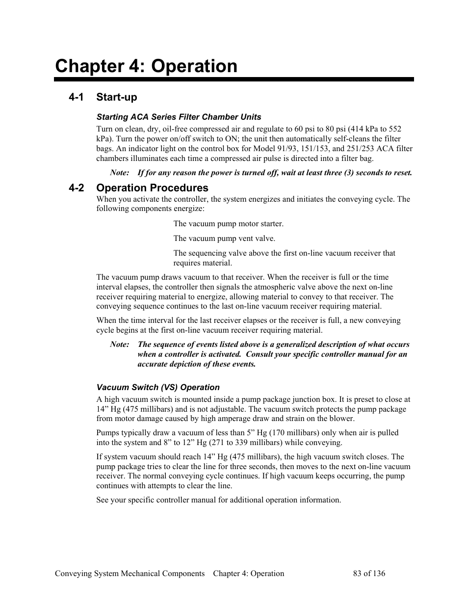 Operation, Start-up, Starting aca series filter chamber units | Operation procedures, Vacuum switch (vs) operation, Chapter 4, Chapter 4: operation | AEC VacTrac Series Conveying Systems User Manual | Page 84 / 137