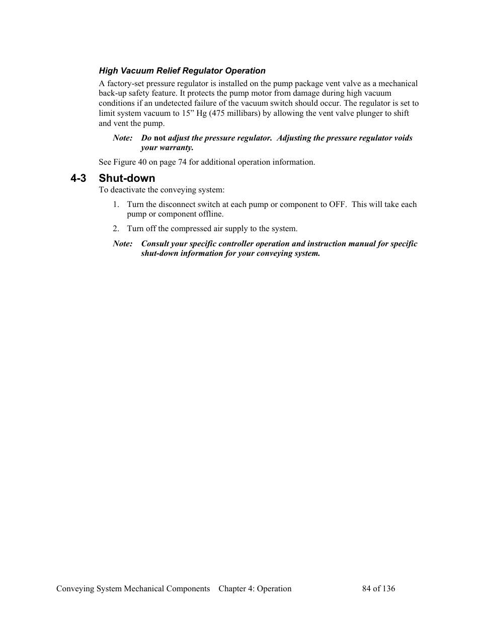 High vacuum relief regulator operation, Shut-down, 3 shut-down | AEC VacTrac Series Conveying Systems User Manual | Page 85 / 137