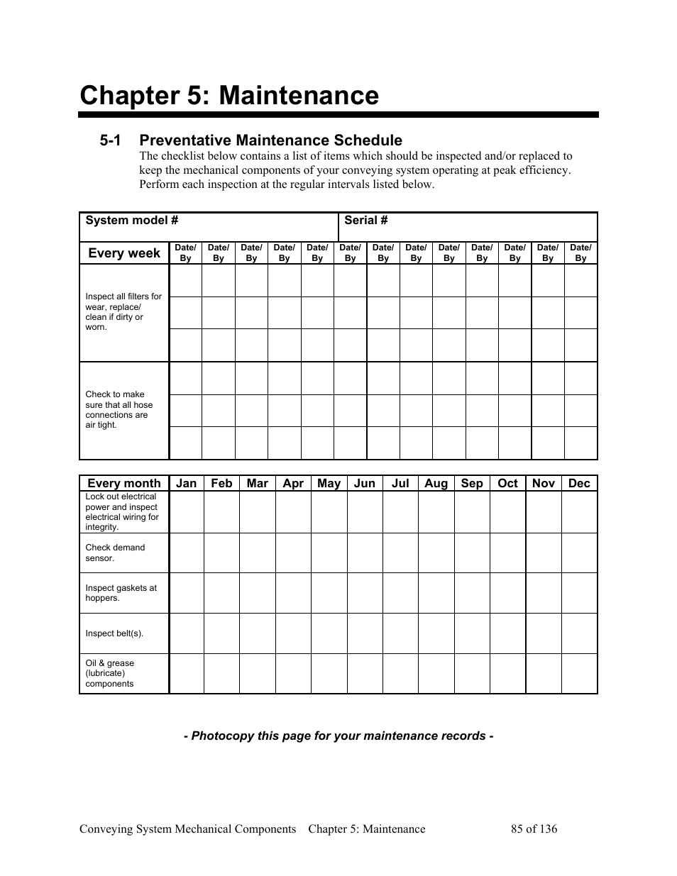 Maintenance, Preventative maintenance schedule, Chapter 5 | Chapter 5: maintenance, 1 preventative maintenance schedule, Every week | AEC VacTrac Series Conveying Systems User Manual | Page 86 / 137