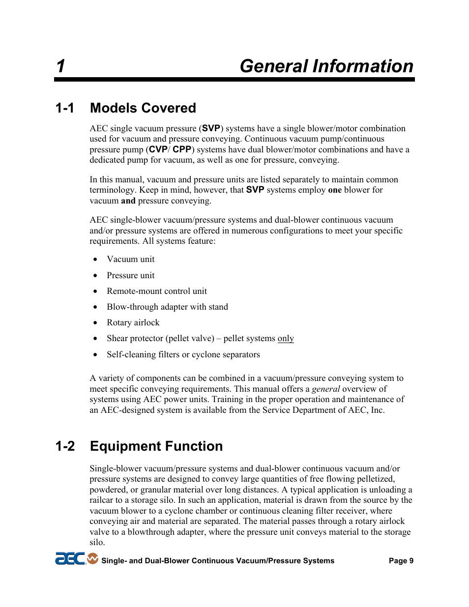 1 models covered, 2 equipment function, 3 necessary documents | 1general information | AEC Continuous Vacuum/Pressure Conveying Systems User Manual | Page 10 / 77