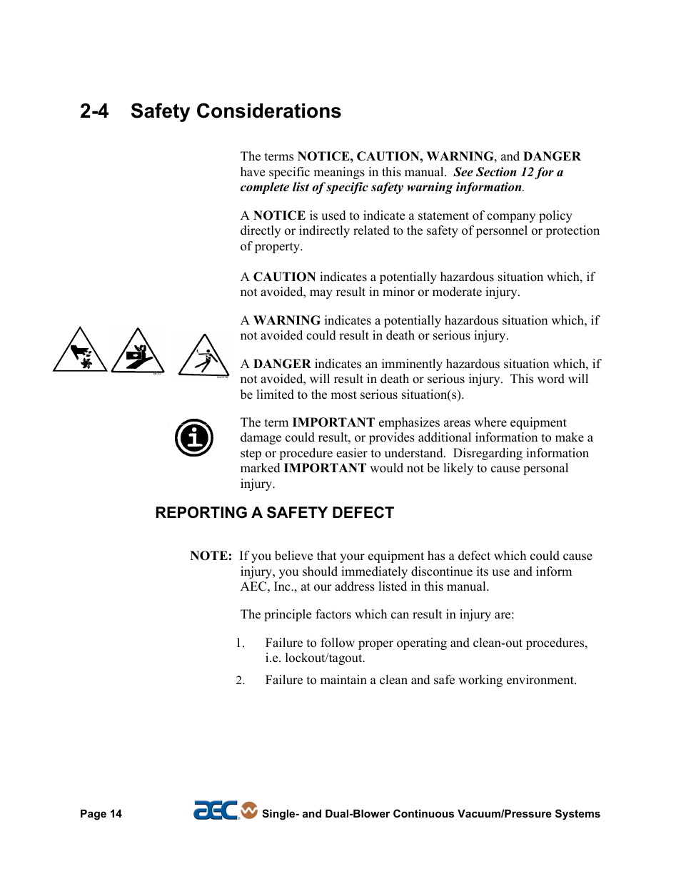 5 general responsibility, 4 safety considerations | AEC Continuous Vacuum/Pressure Conveying Systems User Manual | Page 15 / 77