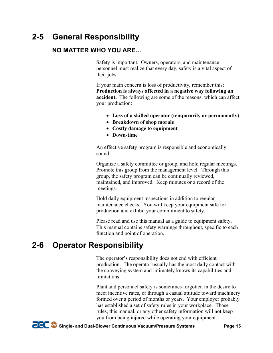 6 operator responsibility, 7 maintenance responsibility, 5 general responsibility | AEC Continuous Vacuum/Pressure Conveying Systems User Manual | Page 16 / 77