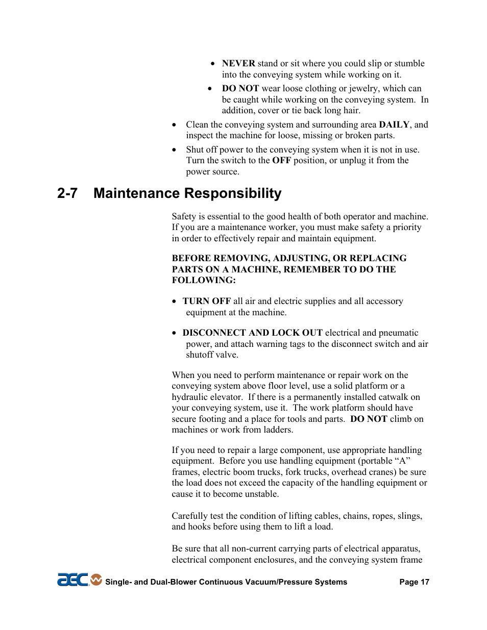 8 safety, 7 maintenance responsibility | AEC Continuous Vacuum/Pressure Conveying Systems User Manual | Page 18 / 77