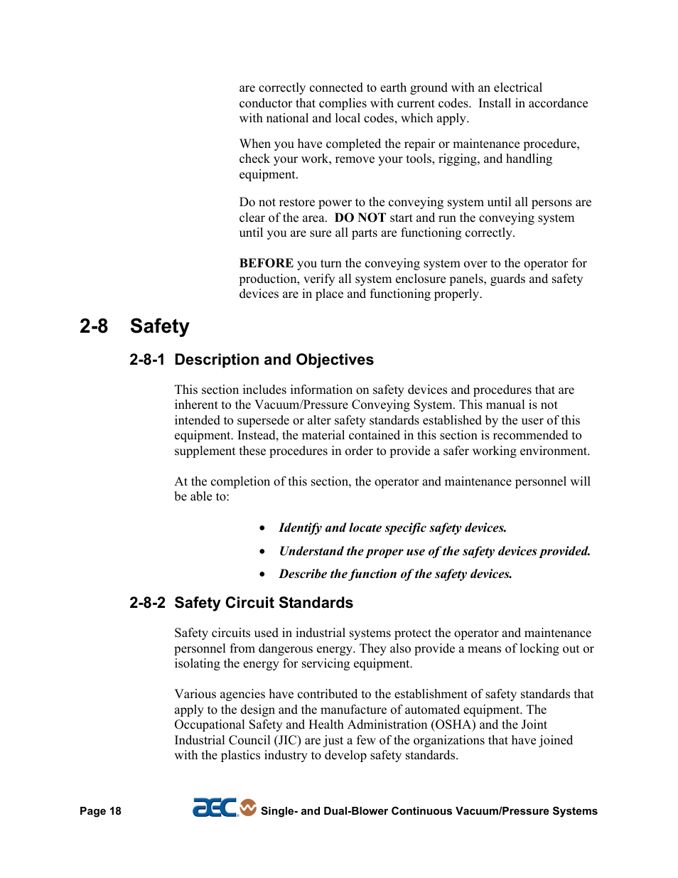 3 shipping information, 8 safety | AEC Continuous Vacuum/Pressure Conveying Systems User Manual | Page 19 / 77