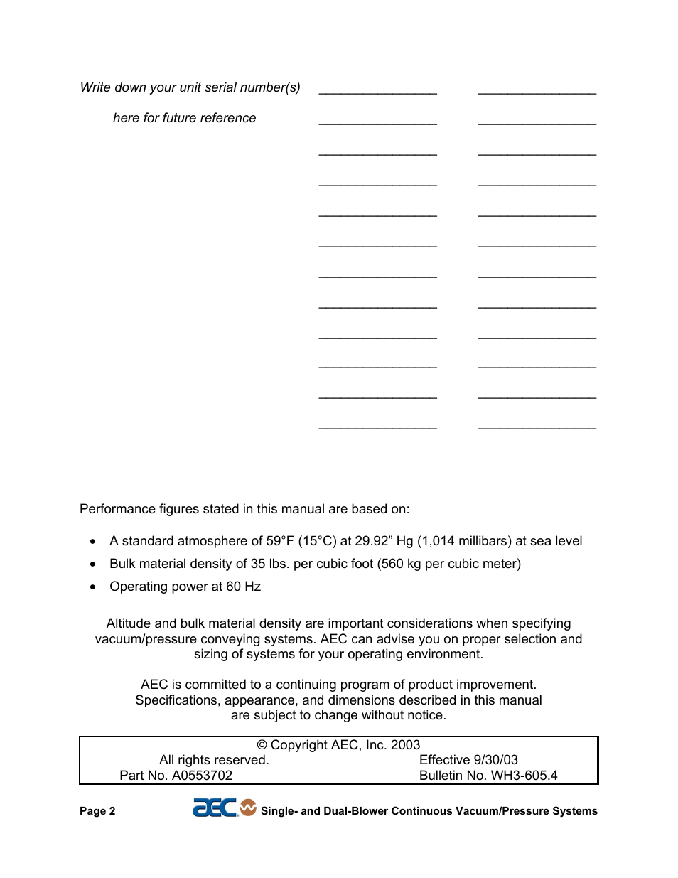 AEC Continuous Vacuum/Pressure Conveying Systems User Manual | Page 2 / 77