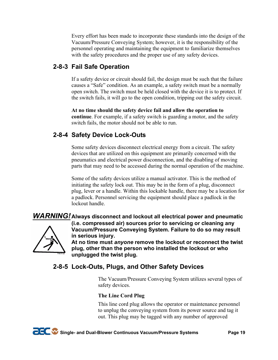 Warning | AEC Continuous Vacuum/Pressure Conveying Systems User Manual | Page 20 / 77