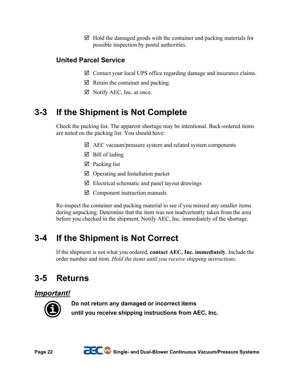 4 shipment not correct, 5 returns, 3 if the shipment is not complete | 4 if the shipment is not correct, Important | AEC Continuous Vacuum/Pressure Conveying Systems User Manual | Page 23 / 77