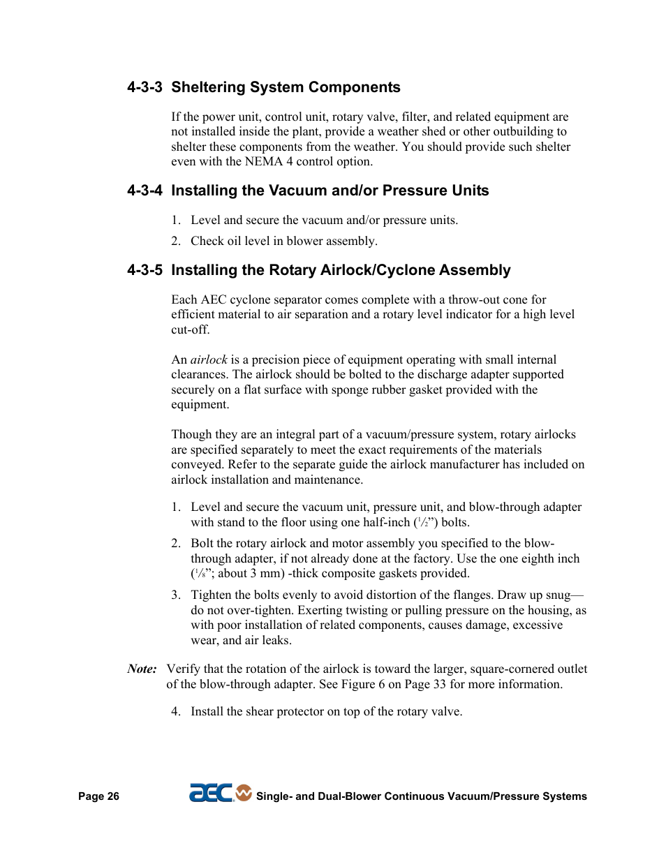 3-3 sheltering system components, 3-4 installing the vacuum and/or pressure units, 3-5 installing the rotary airlock/cyclone assembly | AEC Continuous Vacuum/Pressure Conveying Systems User Manual | Page 27 / 77