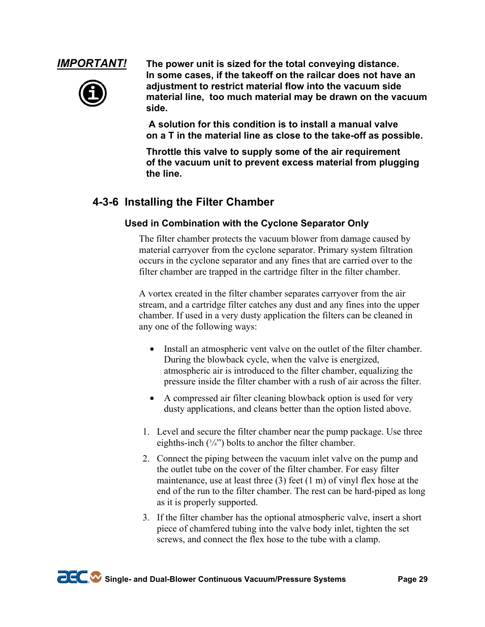 Important, 3-6 installing the filter chamber | AEC Continuous Vacuum/Pressure Conveying Systems User Manual | Page 30 / 77