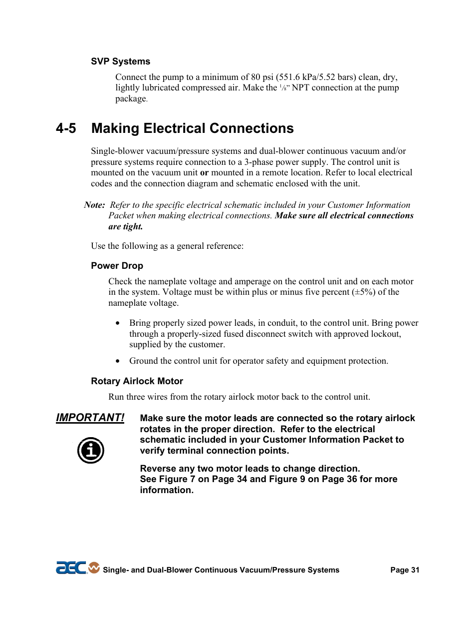 5 making electrical connections, 6 testing the rotary airlock, Important | AEC Continuous Vacuum/Pressure Conveying Systems User Manual | Page 32 / 77