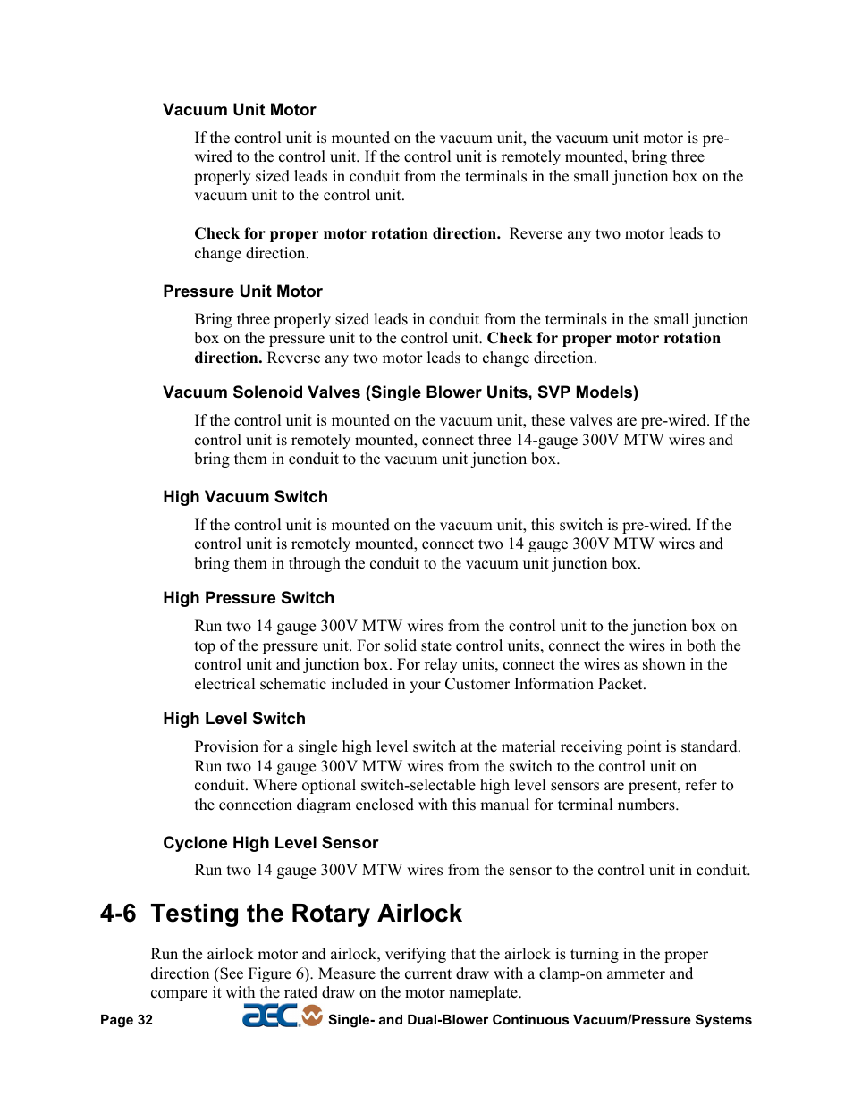 6 testing the rotary airlock | AEC Continuous Vacuum/Pressure Conveying Systems User Manual | Page 33 / 77