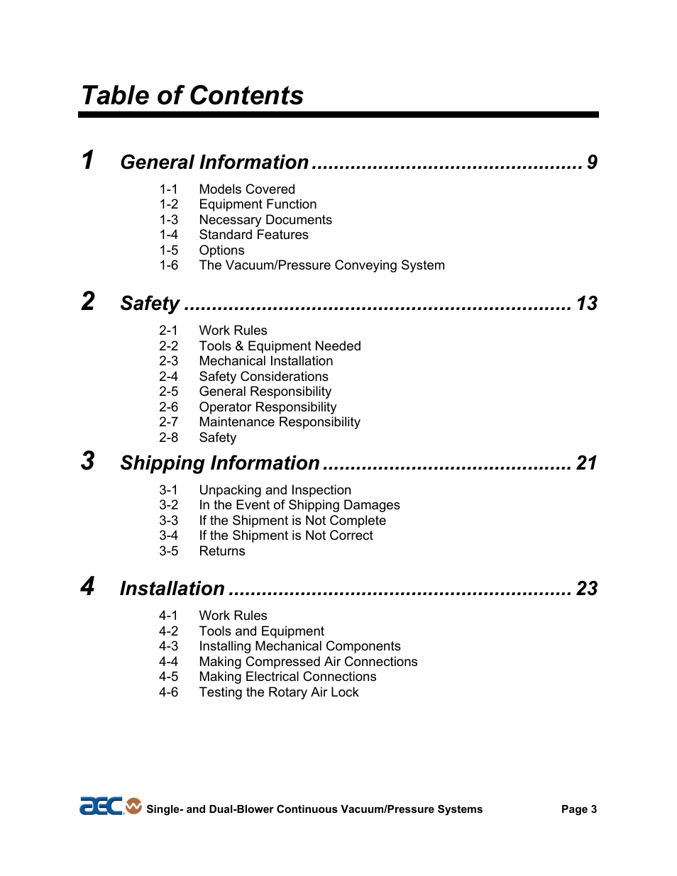 Safety considerations, Table of contents 1, General information | Safety, Shipping information, Installation | AEC Continuous Vacuum/Pressure Conveying Systems User Manual | Page 4 / 77