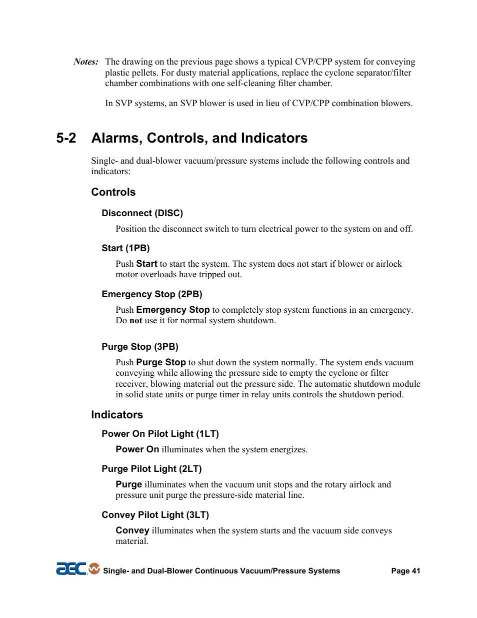 3 mechanical indicators & safety features, 2 alarms, controls, and indicators | AEC Continuous Vacuum/Pressure Conveying Systems User Manual | Page 42 / 77