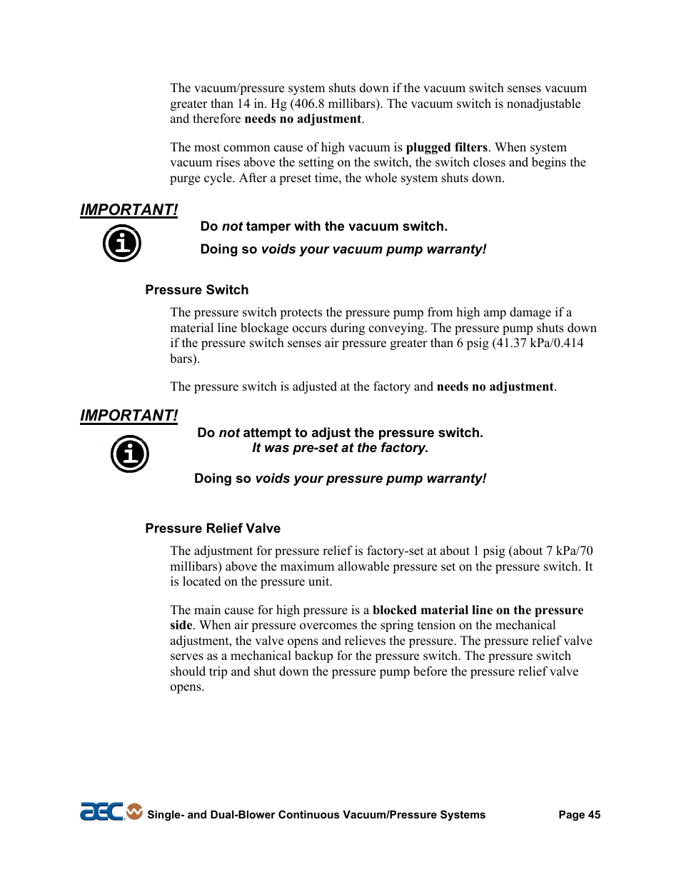 AEC Continuous Vacuum/Pressure Conveying Systems User Manual | Page 46 / 77