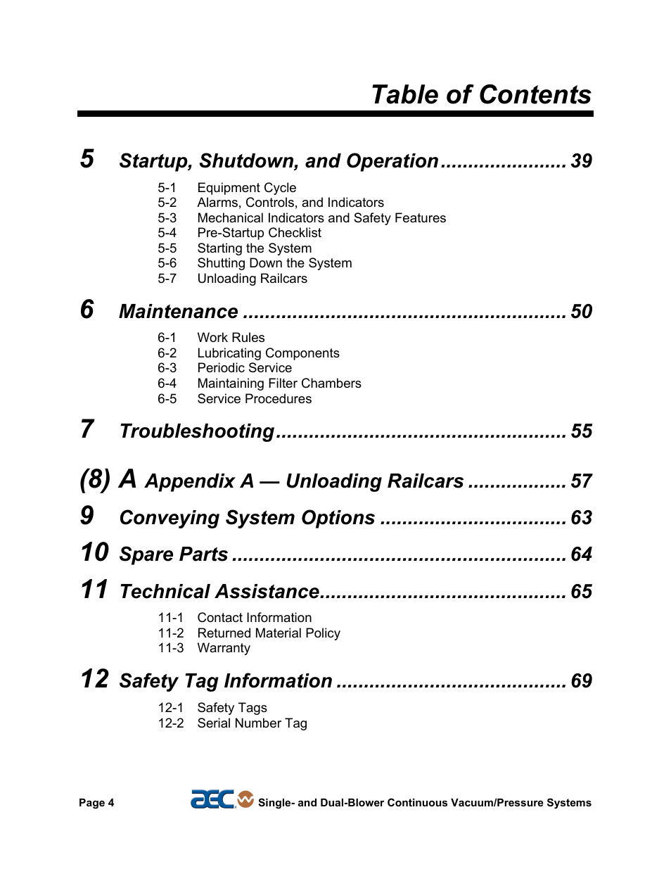 Table of contents 5, 8) a, Startup, shutdown, and operation | Maintenance, Troubleshooting, Appendix a — unloading railcars, Conveying system options, Spare parts, Technical assistance, Safety tag information | AEC Continuous Vacuum/Pressure Conveying Systems User Manual | Page 5 / 77