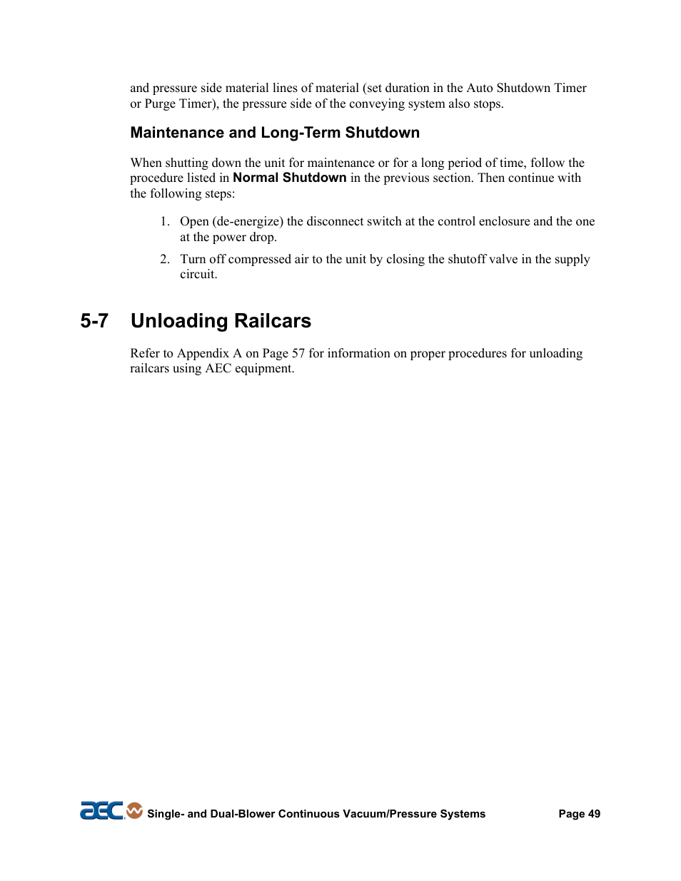 6 maintenance, 7 unloading railcars | AEC Continuous Vacuum/Pressure Conveying Systems User Manual | Page 50 / 77
