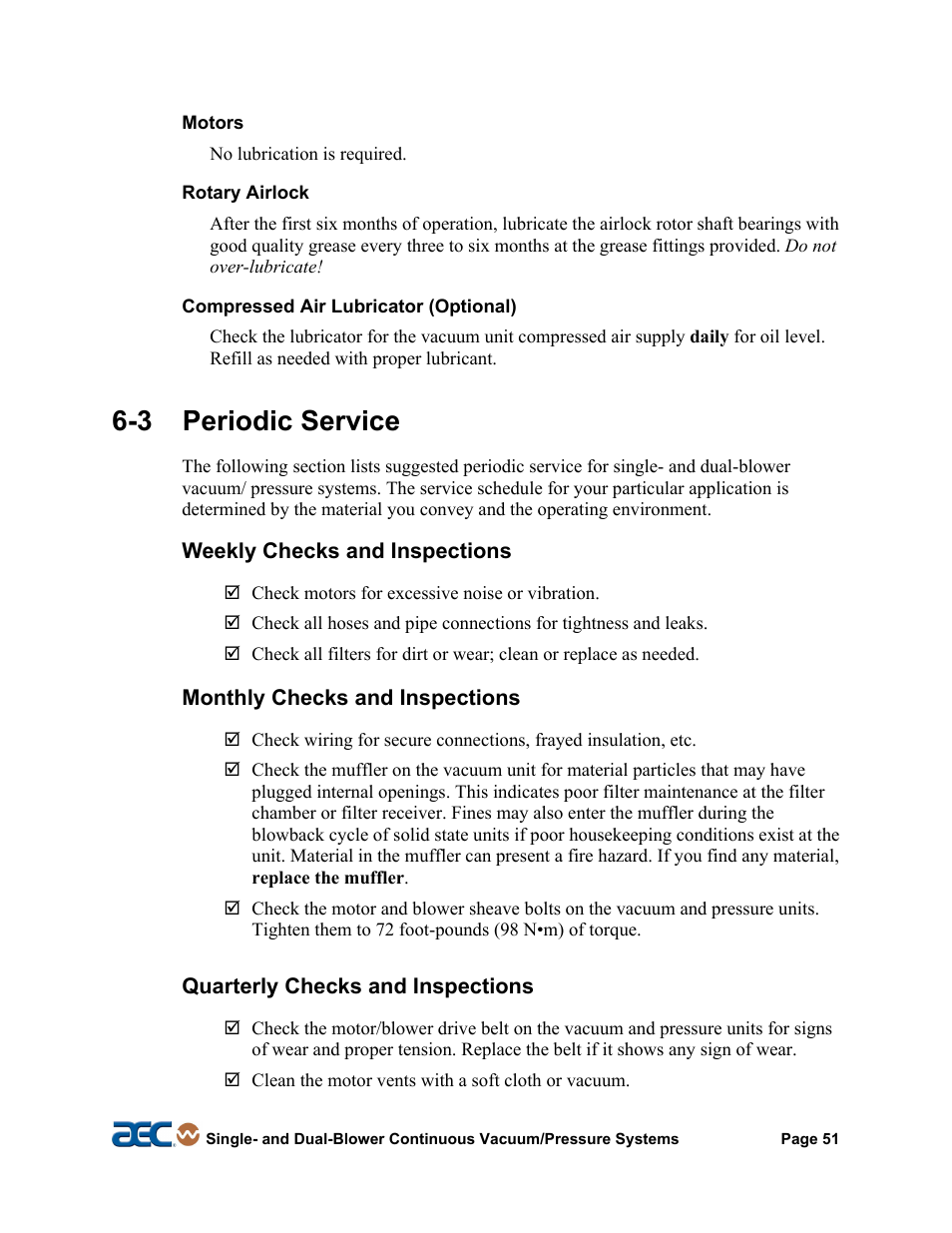 4 maintaining filter chambers, 3 periodic service | AEC Continuous Vacuum/Pressure Conveying Systems User Manual | Page 52 / 77