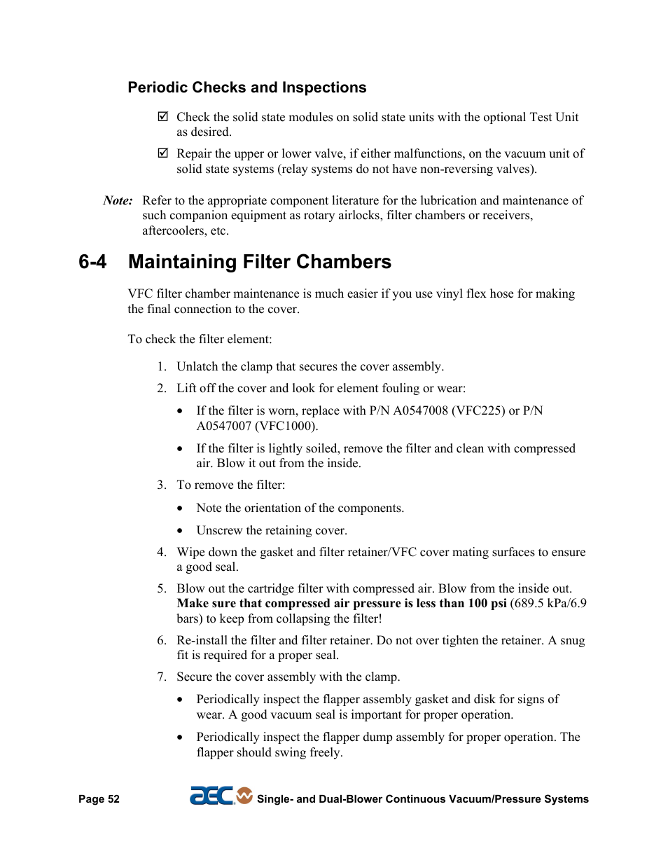 5 service procedures, 4 maintaining filter chambers | AEC Continuous Vacuum/Pressure Conveying Systems User Manual | Page 53 / 77