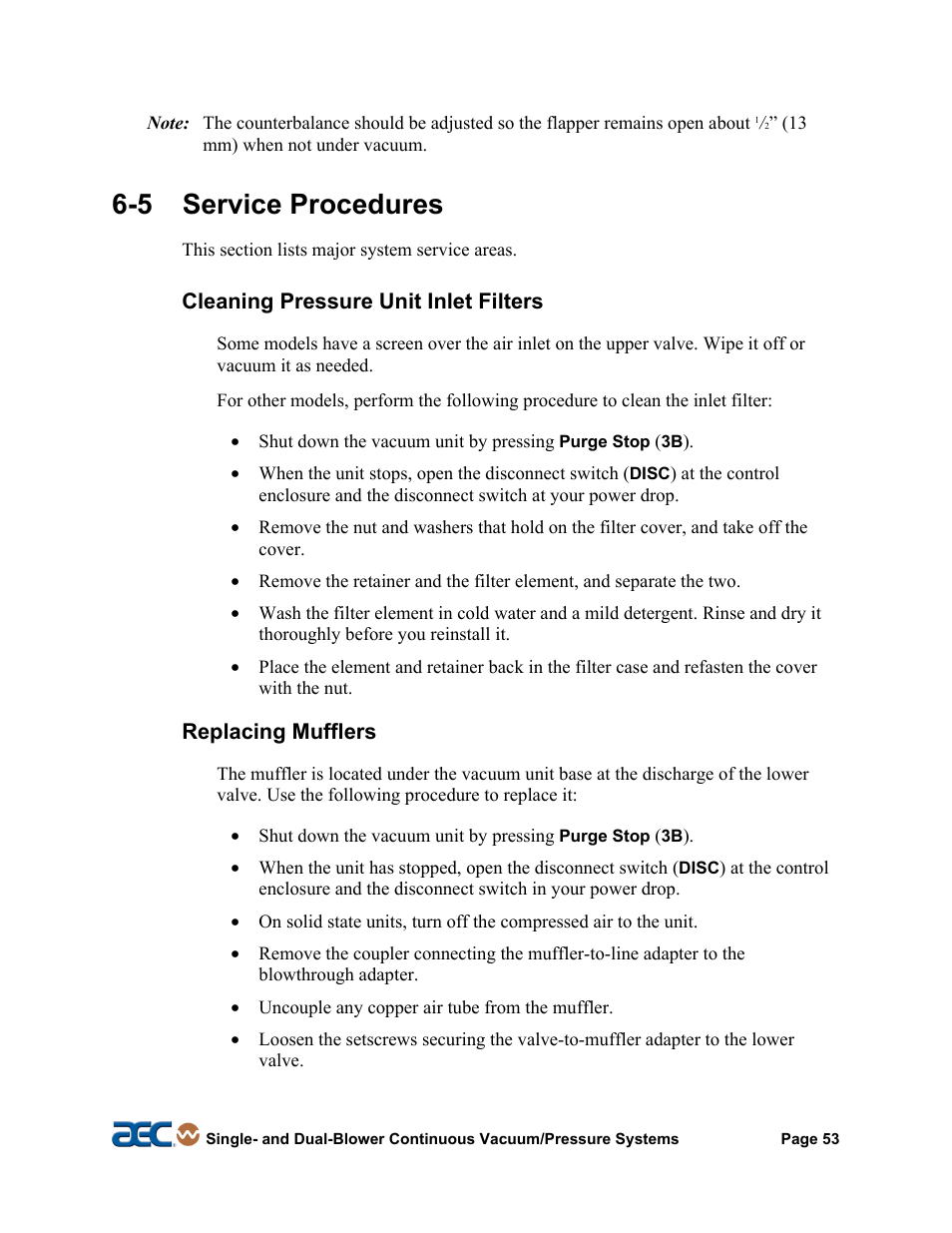 7 troubleshooting, 5 service procedures | AEC Continuous Vacuum/Pressure Conveying Systems User Manual | Page 54 / 77